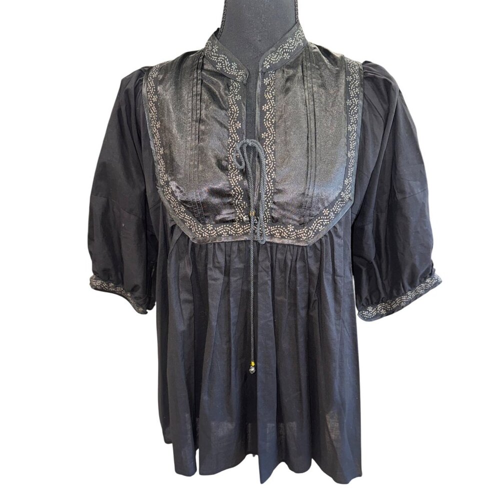 The Impeccable Pig Vintage-Style Black Tunic Top W/ Embroidery Cottage Peasent
